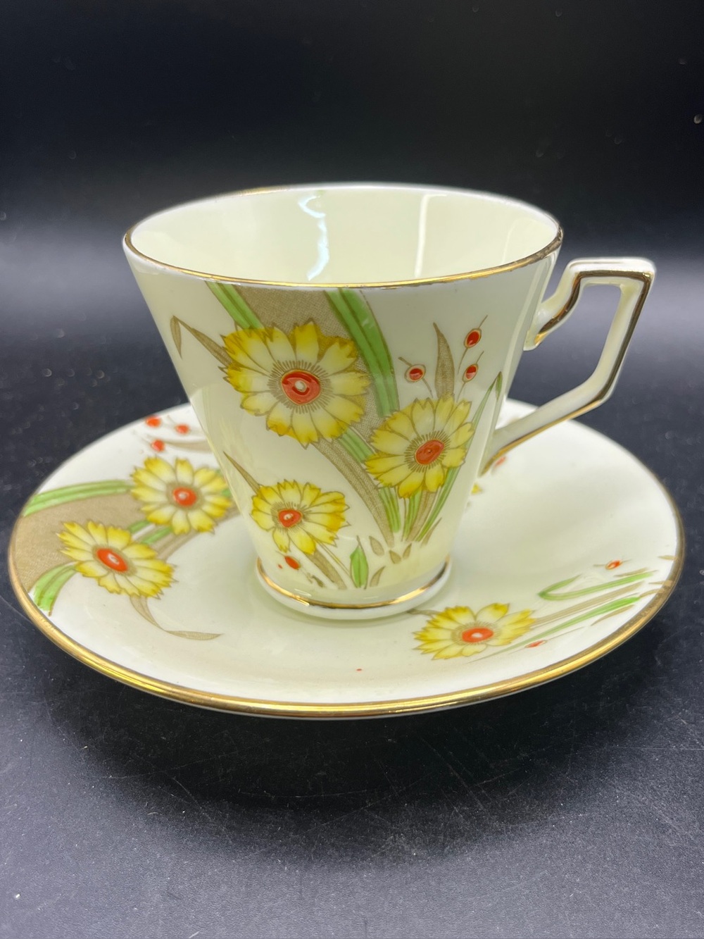 Vintage Delphine Teacup Saucer Set Art Deco Yellow Floral Bone China England